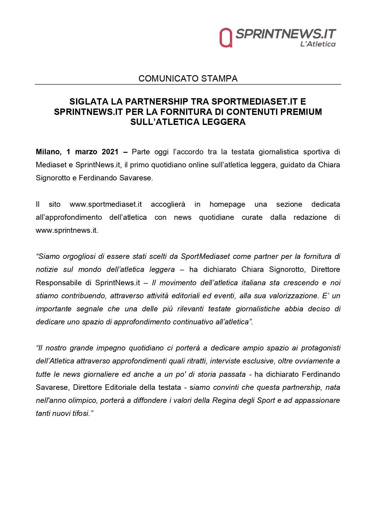 Comunicato stampa accordo SprintNews.it-SportMediaset.it