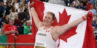 Mitton vince il getto del peso femminile al meeting di Pechino Sarah Mitton (foto Getty Images Sport/Cameron Spencer)