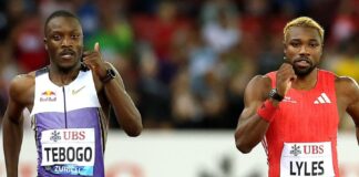 Letsile Tebogo-Noah Lyles (foto Getty Images Sport/Alexander Hassenstein)