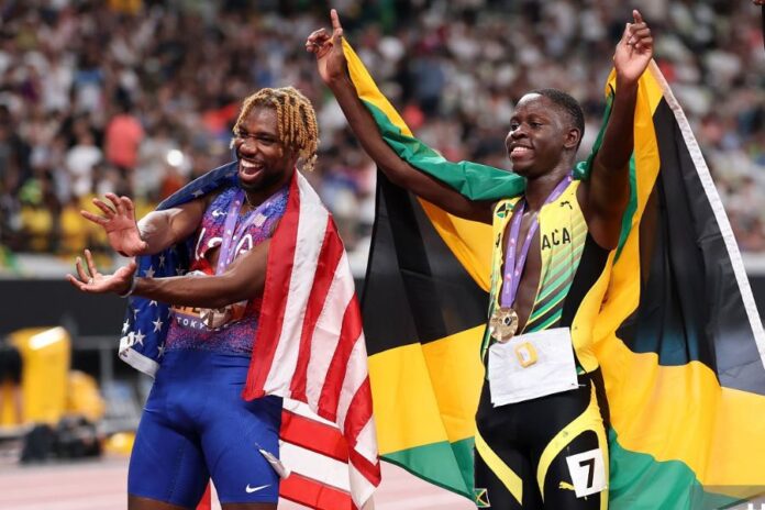 Oblique Seville-Noah Lyles (foto Getty Images Sport/Julian Finney) Oblique Seville-Noah Lyles (foto Getty Images Sport/Julian Finney)
